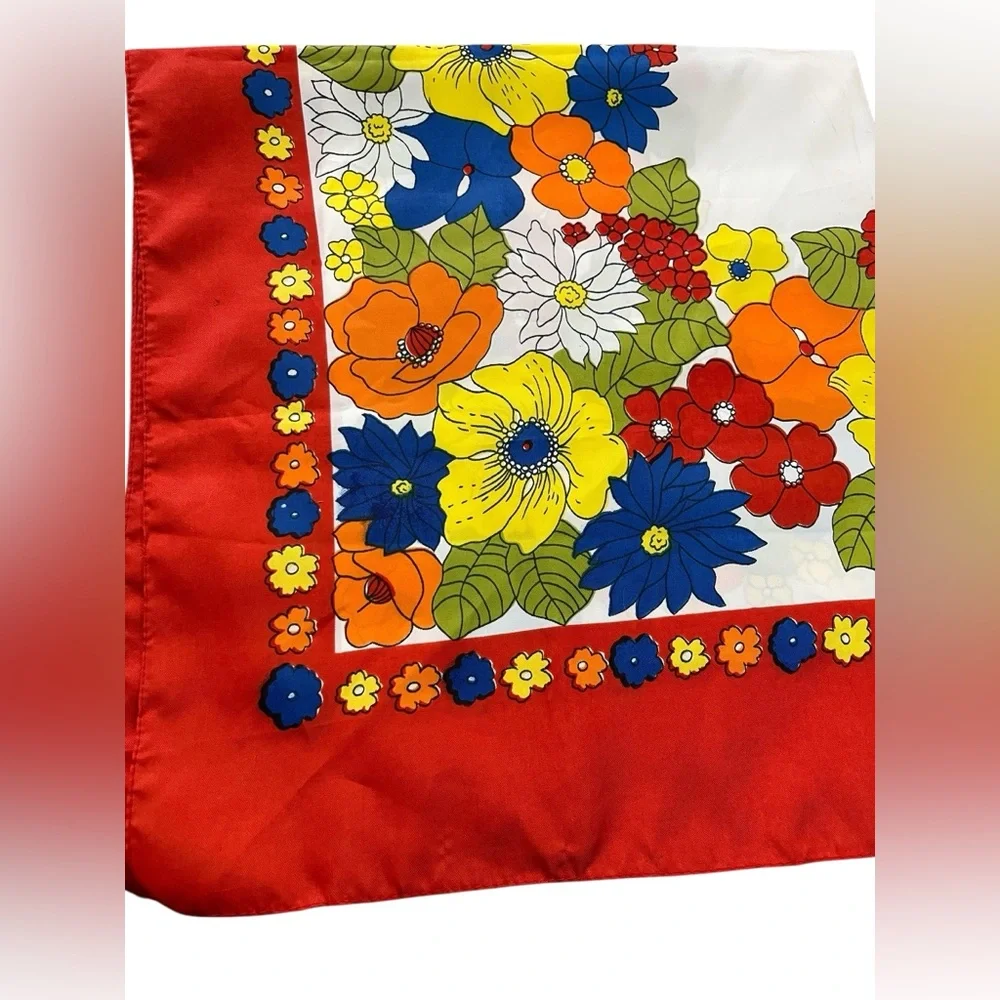 Vintage Rain-Fold Scarf All Weather Floral Red Orange Polyester 27